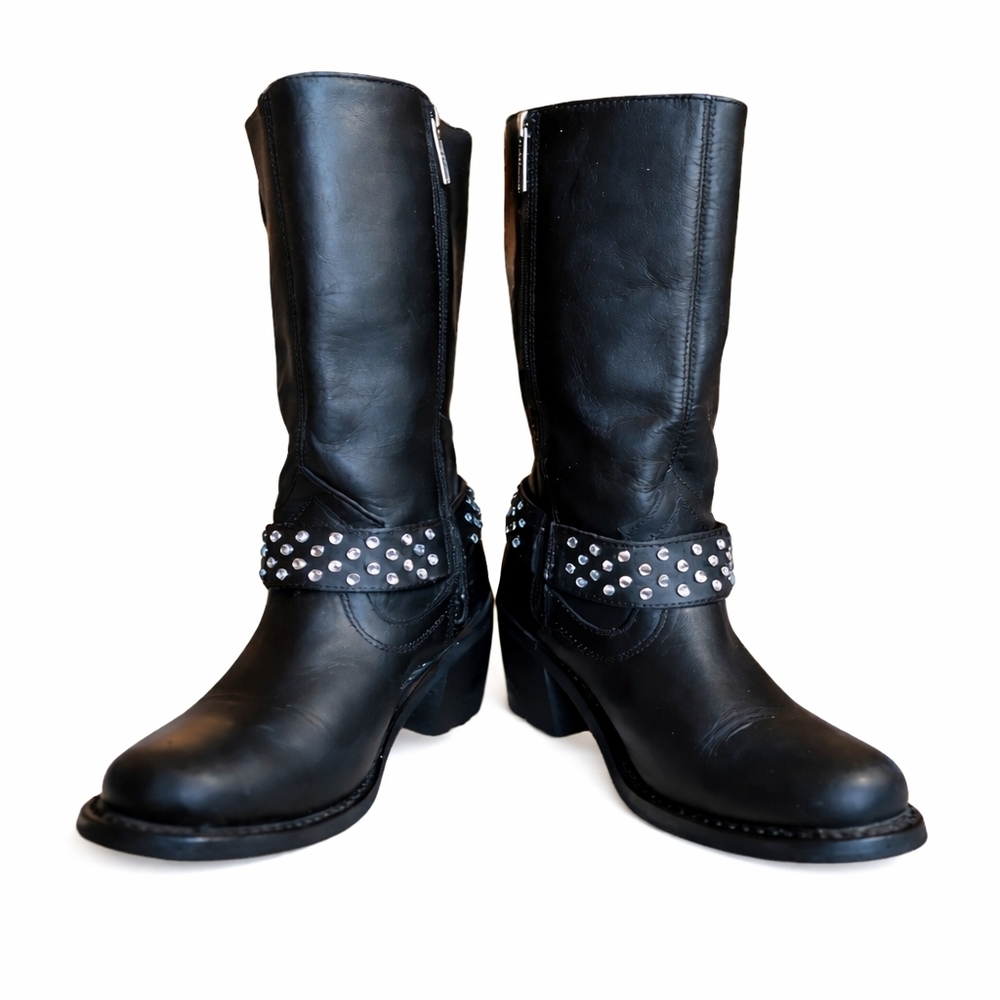 Harley-Davidson Studded Harness Motorcycle Boots Black Leather Mid Calf 7 - Picture 4 of 10
